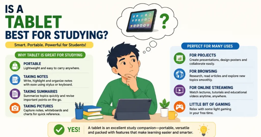 A tablet for study infographic shows the benefits of a tablet.