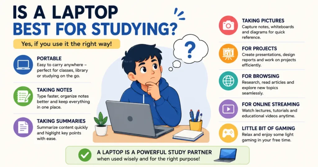 The laptop for study infographic shows the benefit of a laptop.