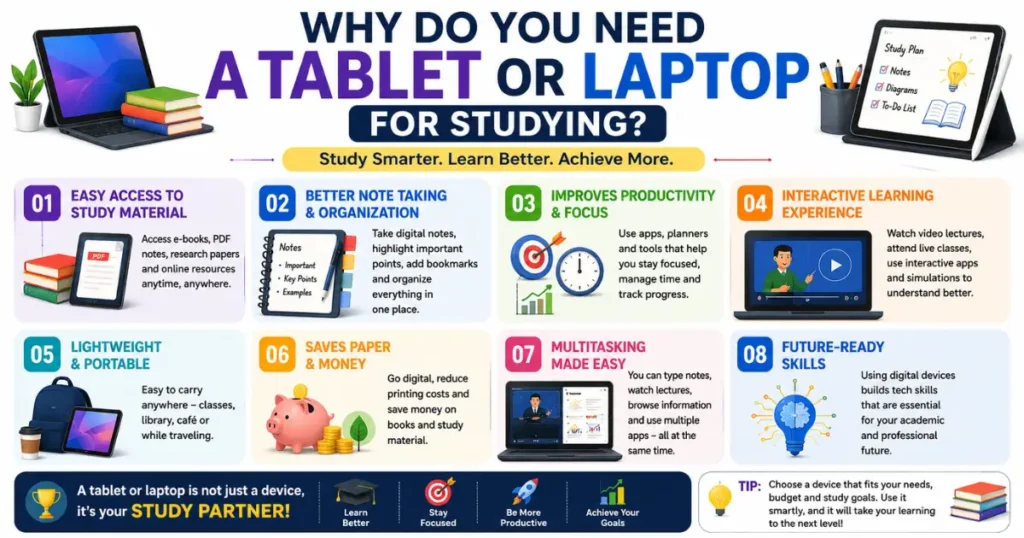 "Tablet vs. Laptop for Study" infographic showing benefits of tablet or laptop